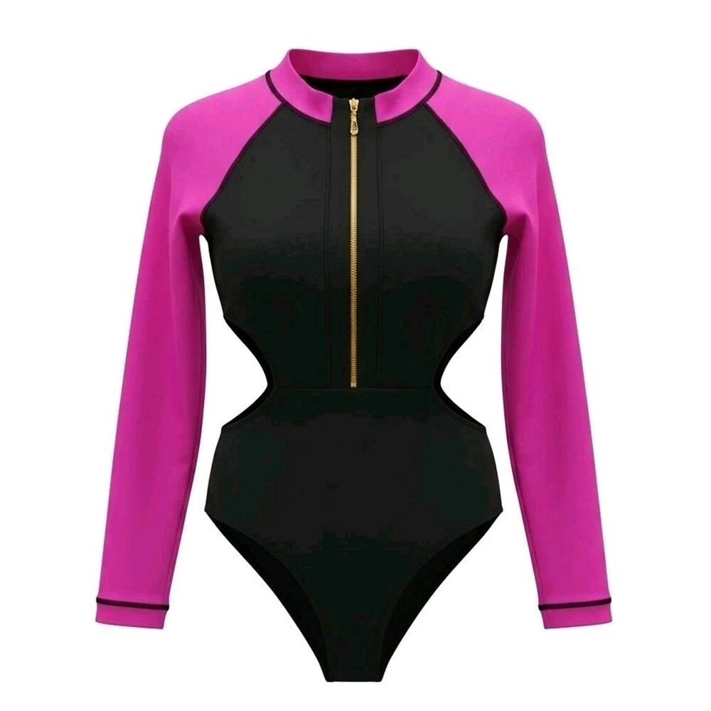 One Piece Bathing Suit Long Sleeve CUT OUT Sz S Black Hot Pink Beach Sun Protect